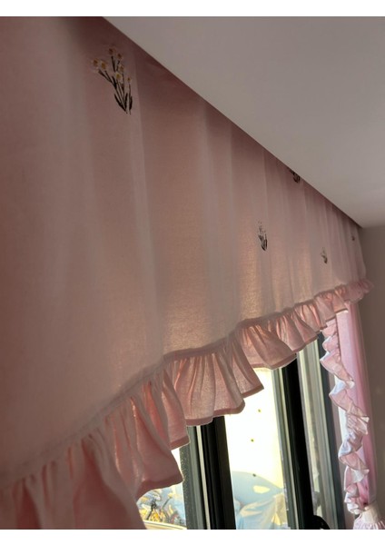 Papatya Nakışlı Pembe Vintage Pamuk Keten Farbela Perde (Boy x En) Pilesiz fiyatları