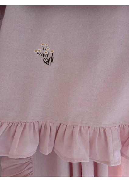 Papatya Nakışlı Pembe Vintage Pamuk Keten Farbela Perde (Boy x En) Pilesiz fırsatları