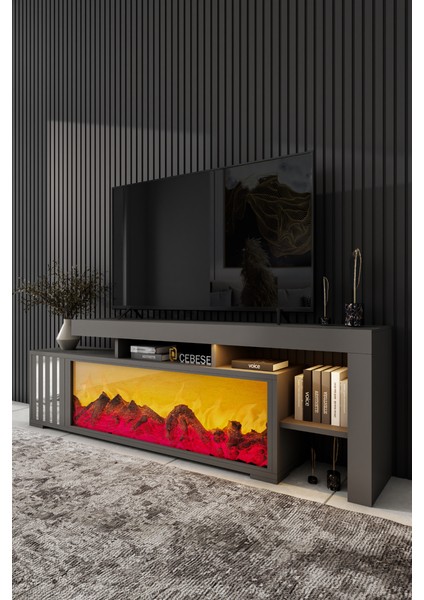 Dekoratif Elektrikli Yapay Şömine ve Tv Ünitesi 160 cm x 52 cm Kumandalı Bluetooth Ses Antrasit Rengi