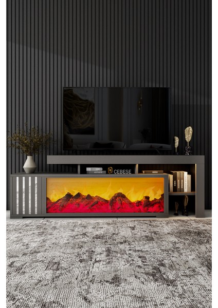 Dekoratif Elektrikli Yapay Şömine ve Tv Ünitesi 160 cm x 52 cm Kumandalı Bluetooth Ses Antrasit Rengi