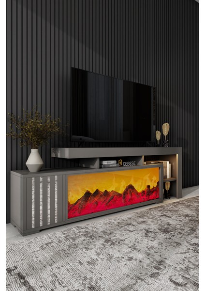 Dekoratif Elektrikli Yapay Şömine ve Tv Ünitesi 160 cm x 52 cm Kumandalı Bluetooth Ses Antrasit Rengi
