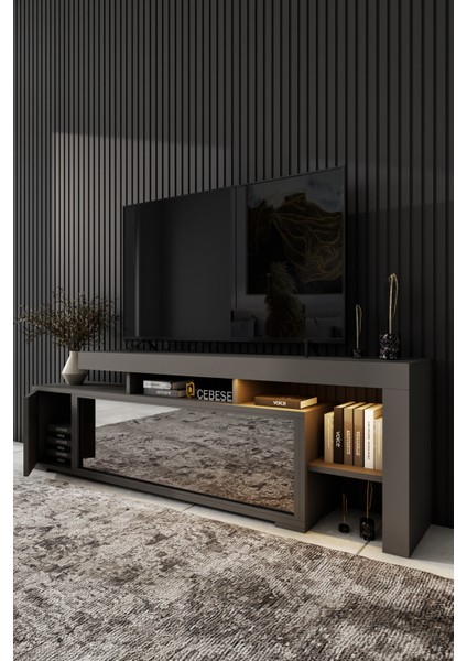 Dekoratif Elektrikli Yapay Şömine ve Tv Ünitesi 160 cm x 52 cm Kumandalı Bluetooth Ses Antrasit Rengi
