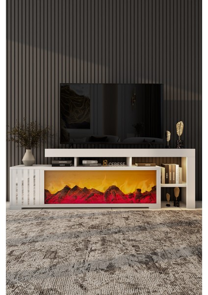 Dekoratif Elektrikli Yapay Şömine ve Tv Ünitesi 160 cm x 52 cm Kumandalı Bluetooth Ses Beyaz Rengi