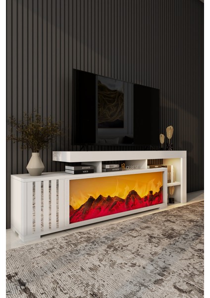 Dekoratif Elektrikli Yapay Şömine ve Tv Ünitesi 160 cm x 52 cm Kumandalı Bluetooth Ses Beyaz Rengi