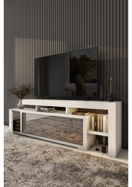 Dekoratif Elektrikli Yapay Şömine ve Tv Ünitesi 160 cm x 52 cm Kumandalı Bluetooth Ses Beyaz Rengi