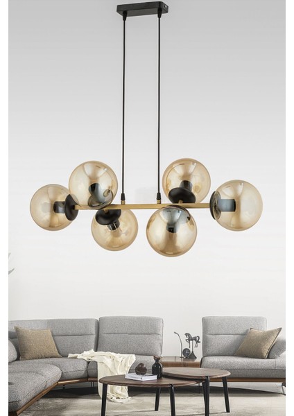 Cross 6'lı Eskitme Bal Rengi Glob Camlı Modern Sarkıt Avize Oturma Odası Salon