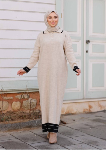Kadın Fitilli Şeritli Triko Elbise -PMK409