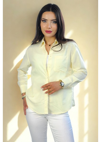 Lupinn Moda Kadın Sarı Regular Fit Basic Düz Uzun Kollu Gömlek