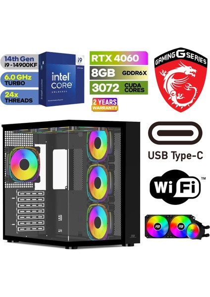 Gaming Pc Ddr5 – Rtx 4060 8gb – Intel I9 14900KF – 32GB 64GB Ram – 1 Tb M.2 SSD – Sıvı Sogutmalı – Windows 11 Pro Masaüstü Bilgisayar