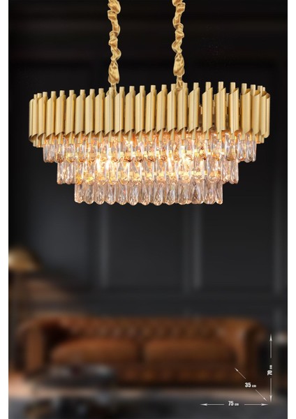 Palmira 75 x 35 cm 'lik 3 Katlı Prizma Kesim Kristal Taşlı Lüks Avize 6'lı - (Sarı-Yaldız)