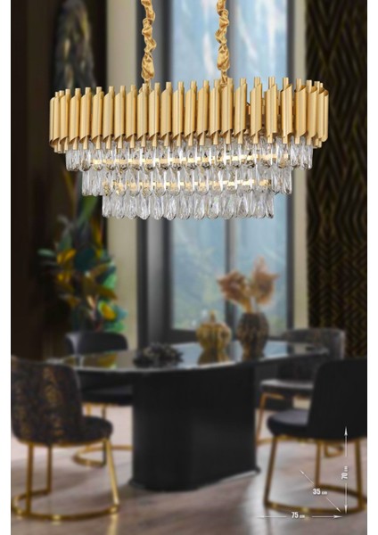 Palmira 75 x 35 cm 'lik 3 Katlı Prizma Kesim Kristal Taşlı Lüks Avize 6'lı - (Sarı-Yaldız)