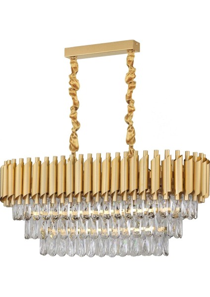Palmira 75 x 35 cm 'lik 3 Katlı Prizma Kesim Kristal Taşlı Lüks Avize 6'lı - (Sarı-Yaldız)
