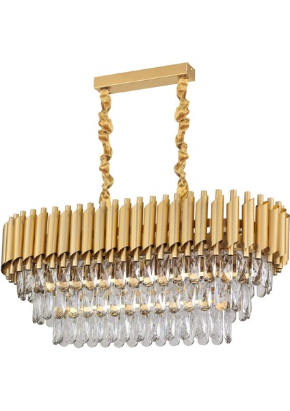 Palmira 75 x 35 cm 'lik 3 Katlı Prizma Kesim Kristal Taşlı Lüks Avize 6'lı - (Sarı-Yaldız)