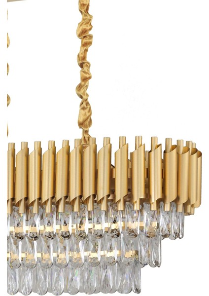 Palmira 75 x 35 cm 'lik 3 Katlı Prizma Kesim Kristal Taşlı Lüks Avize 6'lı - (Sarı-Yaldız)