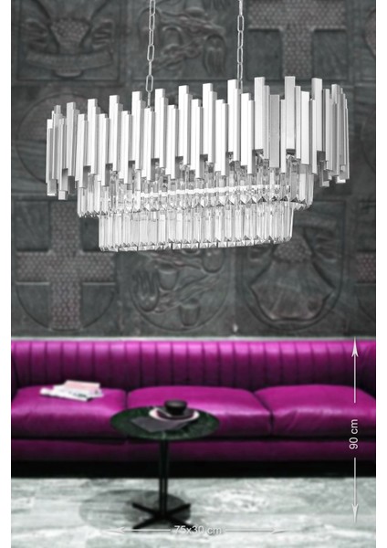 Sima 75 x 30 cm 'lik Kristal Cam Taşlı Lüks Yemek Masası Üstü Avize - (Gümüş Yaldız)