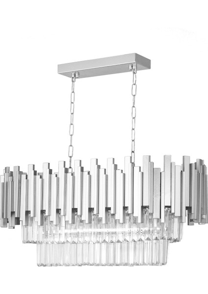 Sima 75 x 30 cm 'lik Kristal Cam Taşlı Lüks Yemek Masası Üstü Avize - (Gümüş Yaldız)