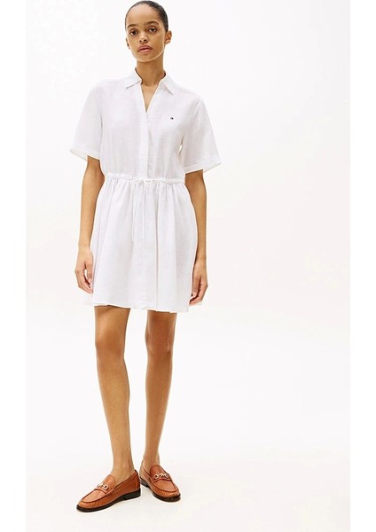 Kadın Beyaz Saf Keten Mini Gömlek Elbise