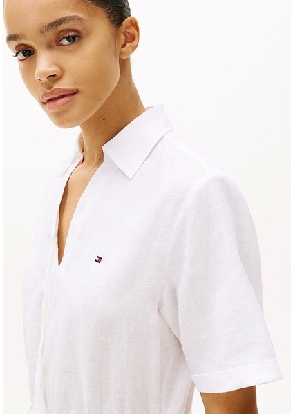 Kadın Beyaz Saf Keten Mini Gömlek Elbise fırsatları