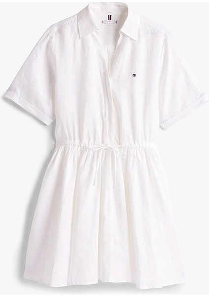 Kadın Beyaz Saf Keten Mini Gömlek Elbise indirimleri