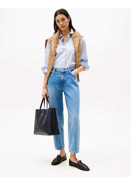 Kadın Mavi Orta Bel Dar Paça Bilek Pantolon