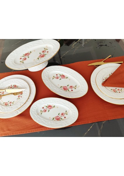 Inci Stoneware Pasta Takımı 15 Parça 6 Kişilik Servis Pasta Kayık Ayaklı Sunum Tabağı Seti