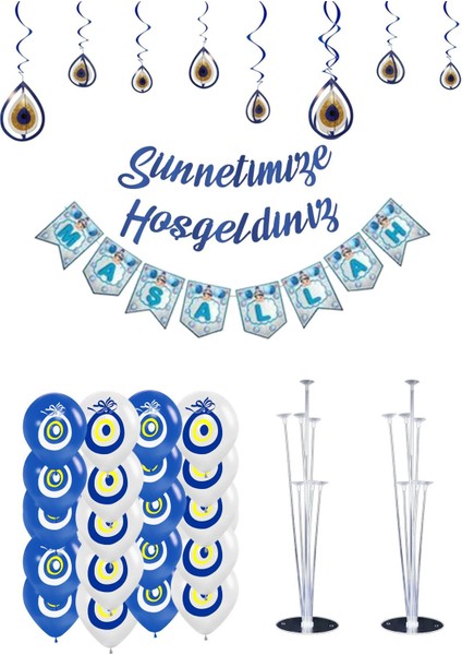Sünnetimize Hoşgeldiniz Banner, Maşallah Banner, Nazar Boncuğu Tavan Süs ve 2 Balon Standı ve 20 Adet Mavi-Beyaz Balon