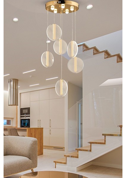 Modern Luxury LED Avize Gold Sarı Altılı Sarkıt Avize Gün Işığı
