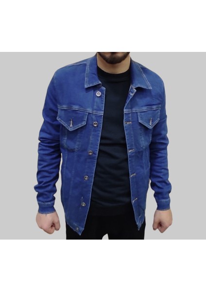 Erkek Çift Cepli Ligralı Koyu Mavi Kot Ceket