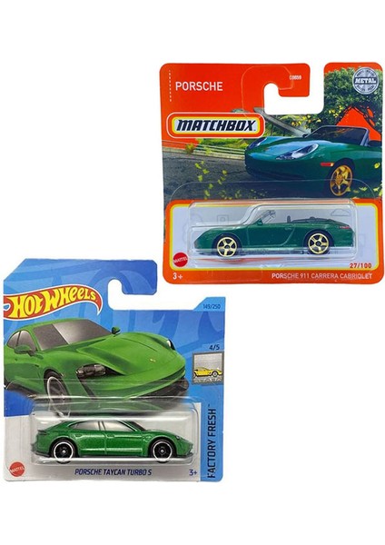 2 Araç Set - Hot Wheels Porsche Taycan Turbo S & Matchbox Porsche 911 Carrera Cabriolet (1/64)
