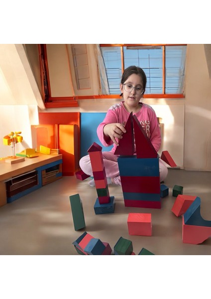 Bakgelal Büyük Boy Ahşap Geometrik Renkli Blok Seti, Ahşap Saklama Kutulu Geniş Boyutlu Geometrik Blok Seti - 66 Parça Montessori Eğitici Yapı Oyuncağı