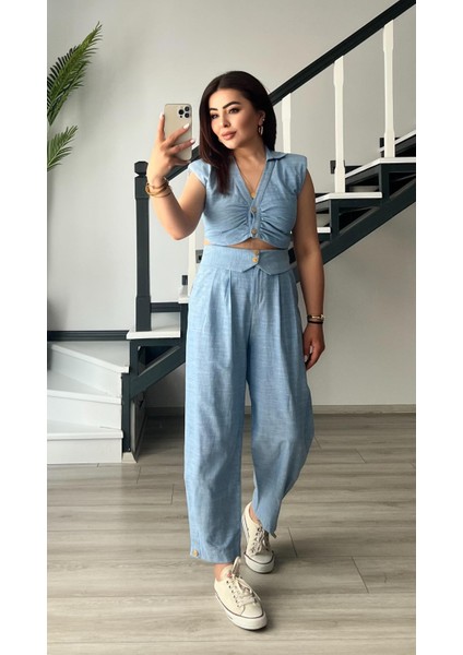 Bebe Mavi Omuz Vatka Detaylı Crop Bluz - Pantolon Takım