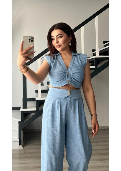 Bebe Mavi Omuz Vatka Detaylı Crop Bluz - Pantolon Takım fiyatları