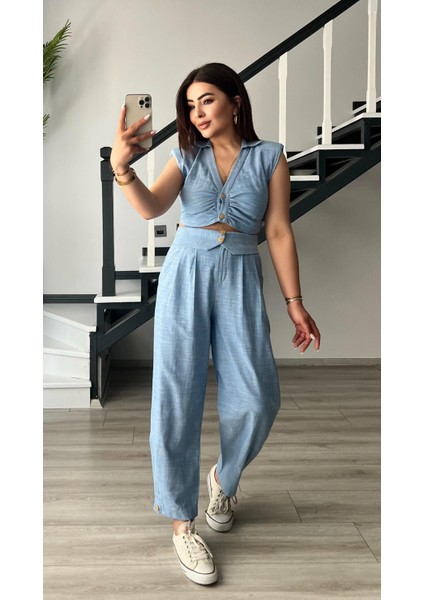 Bebe Mavi Omuz Vatka Detaylı Crop Bluz - Pantolon Takım modelleri
