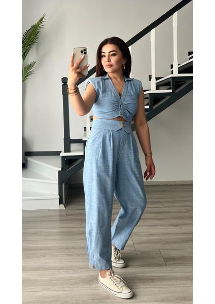 Bebe Mavi Omuz Vatka Detaylı Crop Bluz - Pantolon Takım fırsatları
