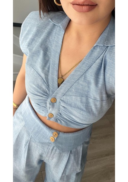 Bebe Mavi Omuz Vatka Detaylı Crop Bluz - Pantolon Takım indirimleri