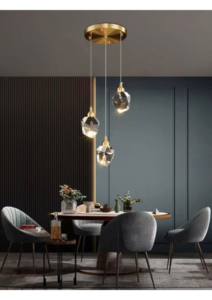 A+ Luxury Modern Kristalize Cam Sarkıt Üçlü LED Avize Gold Sarı
