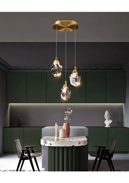 A+ Luxury Modern Kristalize Cam Sarkıt Üçlü LED Avize Gold Sarı