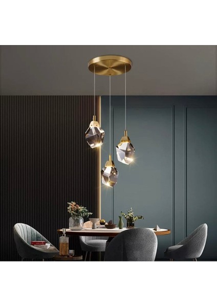 A+ Luxury Modern Kristalize Cam Sarkıt Üçlü LED Avize Gold Sarı