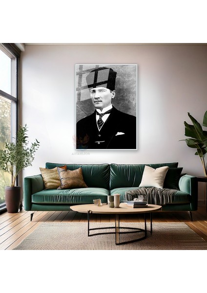 Dikey Metal Çerçeveli Cam Siyah Beyaz Atatürk Tablosu Çerçeveli Cam Ofis Ev Tablosu Duvar Dekoru