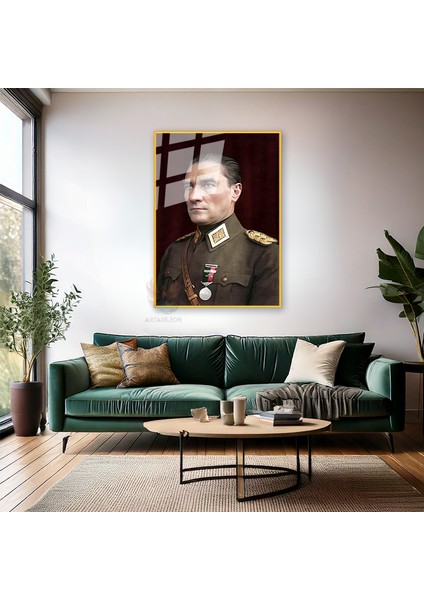 Dikey Metal Çerçeveli Cam Renkli Atatürk Tablosu Metal Çerçeveli Cam Ofis Ev Tablosu Duvar Dekoru