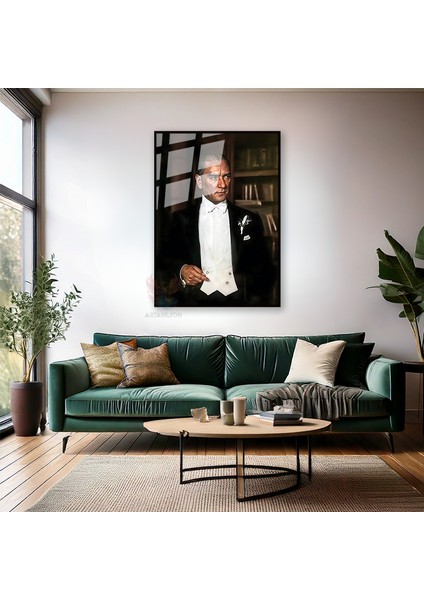 Karizmatik Atatürk Görseli Metal Çerçeveli Cam Tablo Modeli Dikey Duvar Tablosu Ev Ofis Dekoru