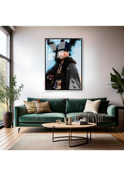 Renkli Atatürk Portresi Metal Çerçeveli Cam Tablo Ev Ofis Duvar Dekoru Cam Atatürk Tablo Modeli