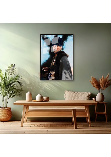 Renkli Atatürk Portresi Metal Çerçeveli Cam Tablo Ev Ofis Duvar Dekoru Cam Atatürk Tablo Modeli