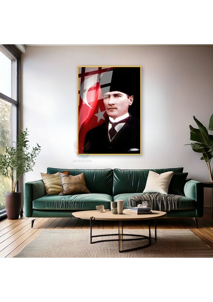 Atatürk ve Bayrak Metal Çerçeveli Cam Tablo Dikey Duvar Tablosu Ofis Ev Dekoru Atatürk Portresi