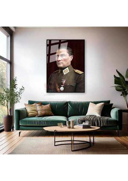 Dikey Metal Çerçeveli Cam Renkli Atatürk Tablosu Metal Çerçeveli Cam Ofis Ev Tablosu Duvar Dekoru