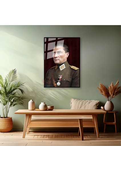 Dikey Metal Çerçeveli Cam Renkli Atatürk Tablosu Metal Çerçeveli Cam Ofis Ev Tablosu Duvar Dekoru