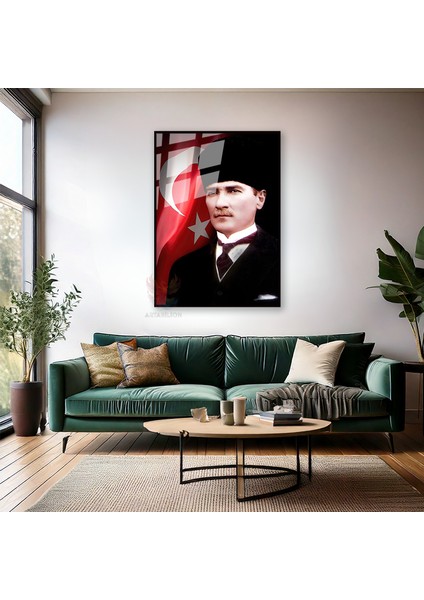 Atatürk ve Bayrak Metal Çerçeveli Cam Tablo Dikey Duvar Tablosu Ofis Ev Dekoru Atatürk Portresi