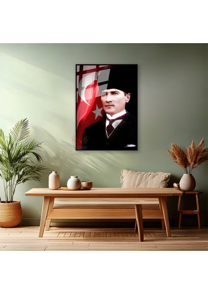 Atatürk ve Bayrak Metal Çerçeveli Cam Tablo Dikey Duvar Tablosu Ofis Ev Dekoru Atatürk Portresi