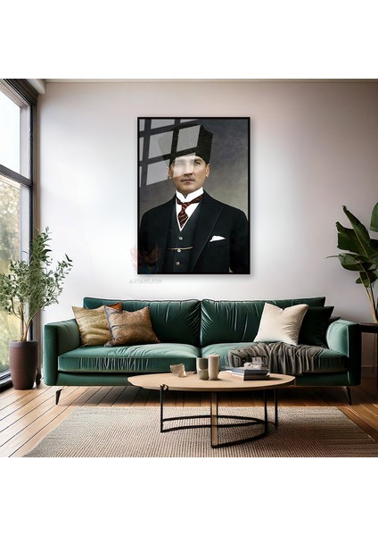 Mustafa Kemal Atatürk Metal Çerçeveli Cam Tablo Atatürk Portre Dikey Duvar Tablosu Ev Ofis Tablosu