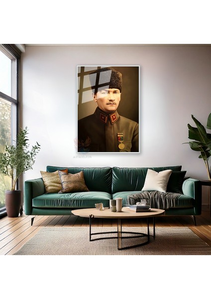 Metal Çerçeveli Cam Atatürk Portresi Ofis Tablosu Yeni Ev Hediyesi Metal Çerçeveli Cam Duvar Dekoru